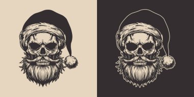 Eski model oymacılık tarzı ahşap çizim Mutlu Noeller Noel Baba Noel Baba 'nın iskelet kafasının boyasını çiziyor. Cadılar Bayramı karakteri korkunç illüstrasyon