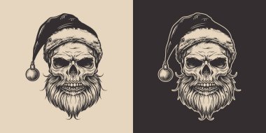 Eski model oymacılık tarzı ahşap çizim Mutlu Noeller Noel Baba Noel Baba 'nın iskelet kafasının boyasını çiziyor. Cadılar Bayramı karakteri korkunç illüstrasyon