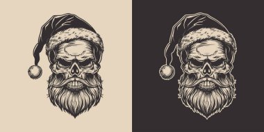 Eski model oymacılık tarzı ahşap çizim Mutlu Noeller Noel Baba Noel Baba 'nın iskelet kafasının boyasını çiziyor. Cadılar Bayramı karakteri korkunç illüstrasyon