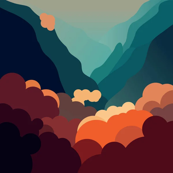 Пейзаж Синими Горами Оранжевых Вечерних Облаках Огромный Горный Хребет Сумерках — стоковый вектор