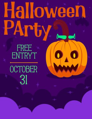 Cadılar Bayramı partisi davetiyesi, Jack O 'Lantern' in balkabakları bedava giriş, mor arka plan. 31 Ekim bağları, el ilanları, sosyal medya duvar kağıtları. Geleneksel Ekim tatili. Mor arka planda Mutlu Cadılar Bayramı kartı üzerinde fener kabakları.