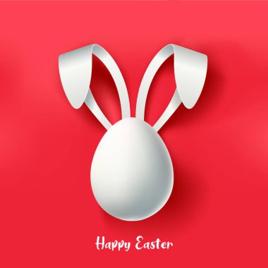 Easter egg with bunny ears. Paschal white egg with rabbit ears. Happy Easter holiday banner template with egg and bunny ears on isolated red background. Easter Egg Hunt poster. Easter egg hunts. Egg clipart