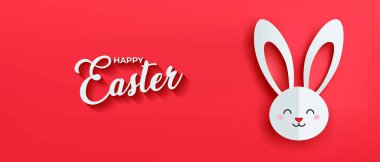Festive Easter horizontal banner Easter Bunny paper cut. Happy Easter greeting card with a paper-cut paschal bunny on isolated red background. Funny rabbit. Happy Easter. Paschal. Modern minimal style clipart