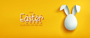 Festive Easter horizontal greeting card with white egg and banny ears on a yellow background. Happy Easter flyer, banner, header for website. Paschal poster. Trendy Easter design. Spring holiday clipart