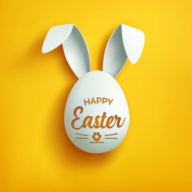 Happy Easter greeting card isolated on a yellow background with white egg with bunny ears. Paschal white egg with rabbit ears. Funny rabbit. Holy Happy Holidays. Easter Egg Hunt cover. Easter egg hunt clipart