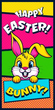 Happy Easter greeting card with cute rabbit, bunny ears in pop art style. Festive Easter banner in comics style. Paschal holiday flyer comics book phrase and text in starbursts. Easter comic word clipart