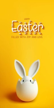 Happy Easter vertical greeting card with white cracked egg Easter Bunny Ears isolated on a yellow background. Festive Easter poster. Easter cover. Paschal bunny ears cut out of white paper. Christ clipart