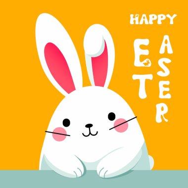 Beyaz Paskalya tavşanının olduğu kartpostalda sarı arka planda Mutlu Paskalyalar yazıyor. Komik tavşan. Paschal tavşanı. Beyaz Paskalya tavşanı. Tavşan kulaklı Paskalya kartı. Bahar festivali sezonu kartı