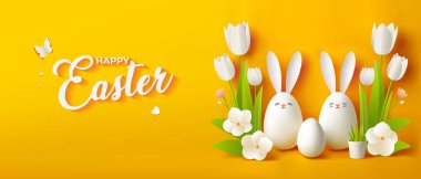 Festive Easter horizontal banner, greeting card, flyer, header for website banner, with white eggs and banny ears and flowers isolated on a yellow background. Design with text Happy Easter. Paschal clipart