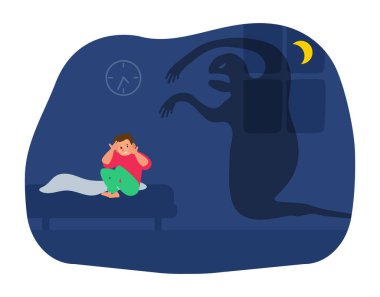 Yataktaki korkmuş çocuk korkunç canavar hayalet gölge çizimi