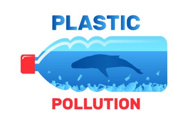 Plastik kirliliği ekolojisi su altı balinaları şişe vektör illüstrasyonunda yüzen atıklar.