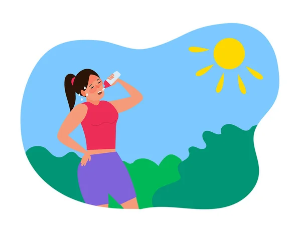 Yaz Sıcağında Içen Kadın Ilk Yardım Susuzluk Vektör Çizimi — Stok Vektör