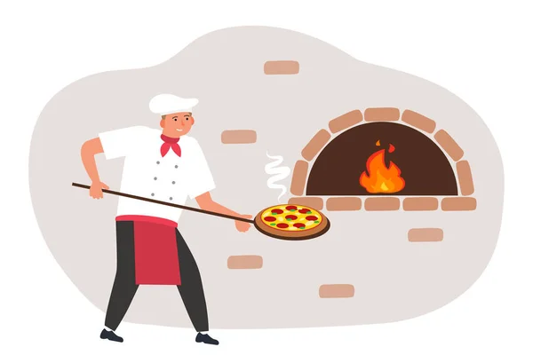 Şef, ateş vektörü illüstrasyonuyla geleneksel pizzayı taş fırında pişiriyor.
