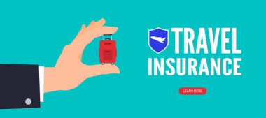 seyahat sigortası web pankartı tasarımı işadamı eli ve küçük bagaj vektör çizimi