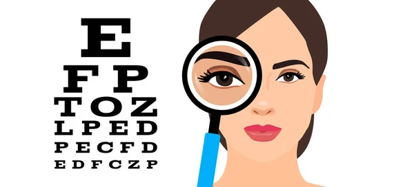 Kadın Yüz Göz Grafiği Büyütme Cam Göz Bilimi Görme Testi — Stok Vektör
