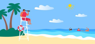 Sahilde sandalyede oturan cankurtaran. Yüzen insanlar. Yaz tatili çizimleri.