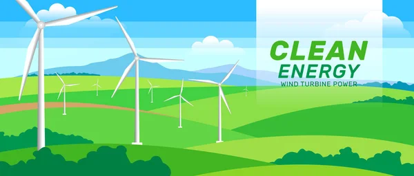 stock vector clean energy concept .wind turbines in field landscape banner