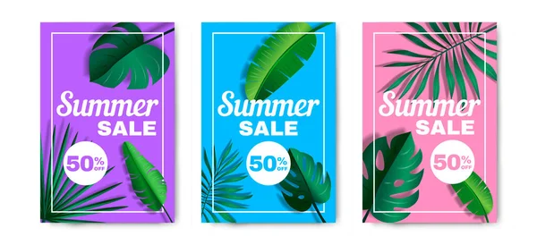 Sommerverkauf Kreative Poster Abdeckungen Mit Tropischen Blättern Auf Buntem Hintergrund — Stockvektor