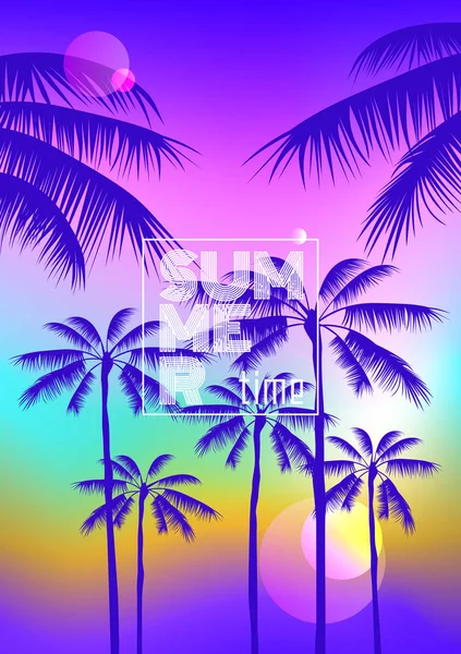 Affiche Fête Été Design Placard Avec Des Silhouettes Palmiers Sur — Image vectorielle