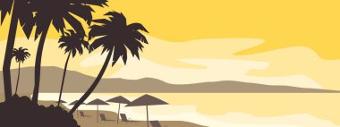 Tropikal plaj palmiyelerinde gün batımı şemsiyeler yaz deniz manzarası çizimleri.