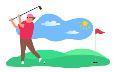 Adam golf oynuyor. Açık hava vektör çizimi.