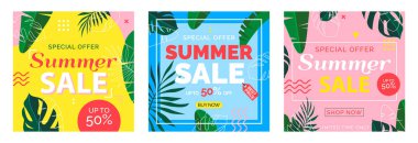 summer sale square banners design set with tropical leaves for social media advertising vector illustration clipart