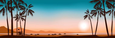 Plaj palmiyelerinde gün batımı cankurtaran kulesi şemsiyeler okyanus yaz manzarası manzara manzarası resimleme
