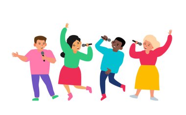 Bir grup çok ırklı çocuk mikrofon söylüyor. Karaoke yapan çocuklar parti temsilcisi.