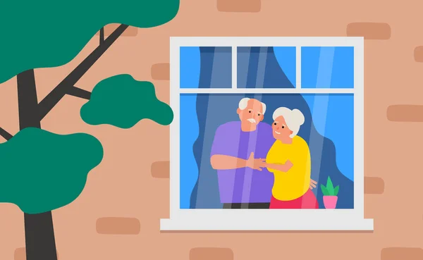 家のベクトル図から窓中を見ている高齢者と女性のカップルは — ストックベクタ