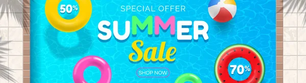 Summer Sale Banner Design Swimming Pool Inflatable Rings Top View — Stock Vector