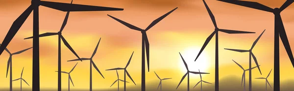 日落背景下风力涡轮机风车清洁可再生能源矢量图解 — 图库矢量图片