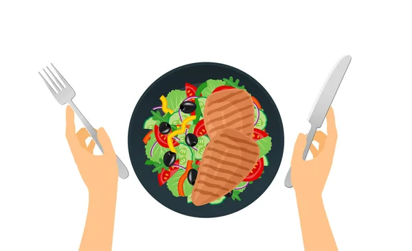 Izgara Tavuk Göğsü Sağlıklı Sebze Salatası Tabakta Çatal Bıçak Ellerinde — Stok Vektör