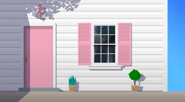Белый Сайдинг Фасад Дома Розовой Дверью Окна Ставни Векторные Иллюстрации — стоковый вектор