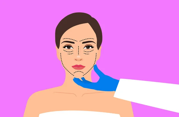 Rosto Mulher Com Linhas Facial Cirurgia Estética Plástica Médico Mão —  Vetores de Stock