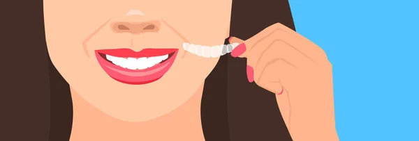 笑顔の女性手 バロニクス シリコーン 目に見えないブレース 歯補正ベクター イラスト — ストックベクタ