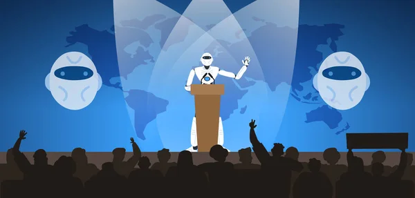 Podyumda konuşan robot insanımsı insan kitle temsilcisi illüstrasyonuyla toplantı yapıyor. 