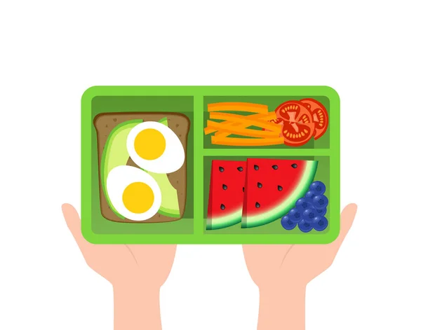Child Hands School Lunch Box Container Healthy Food Sandwich Fruits — Stock Vector