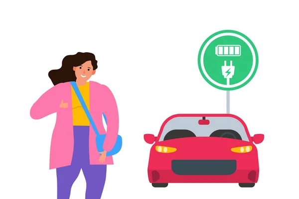 Женщина Показывает Большие Пальцы Вверх Электрический Знак Автомобиля Эко Транспортного Векторная Графика