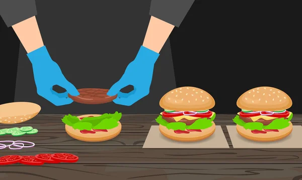 Prepare Burger Process Chef Hands Gloves Put Meat Cutlet Lettuce — Stock Vector