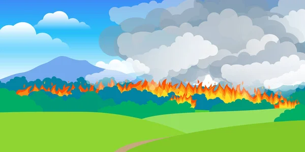 Лес Огне Пылающие Деревья Кусты Облака Дыма Векторная Графика