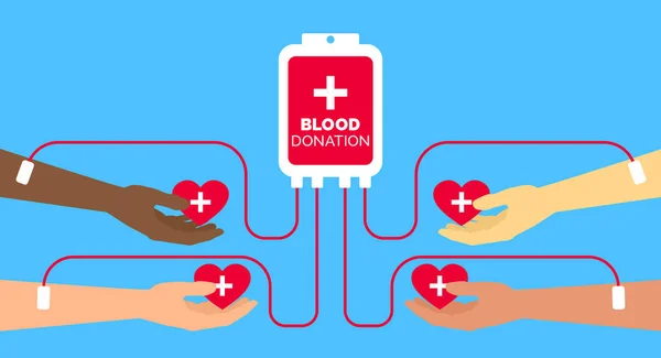 Kan bağışı transfüzyon çok ırklı donör elleri kırmızı kalp vektör illüstrasyonunu tutuyor.