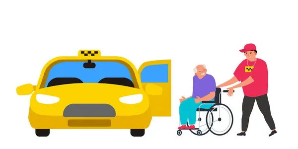 Старший Человек Инвалидной Коляске Водитель Такси Помогает Ему Инвалидов Транспортные Лицензионные Стоковые Иллюстрации