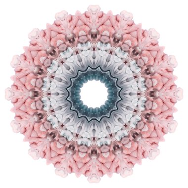 Pastel renklerde boya bulutlarıyla yuvarlak pembe mandala. Güzel desen, fraktal, kaleydoskop, mozaik. Beyaz arkaplanda izole