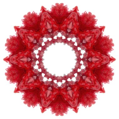 Kırmızı kar tanesi. Suda kırmızı mürekkep bulunan güzel soyut fraktal desenli mandala. Beyaz bir grupta izole edilmiş.