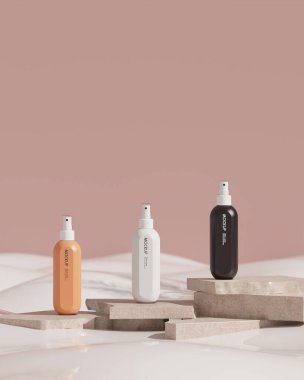 Üç renkli sprey şişeleri, bej taşın üzerine yerleştirilmiş, süt gibi, yumuşak bir cilt bakımı konsepti. dikey görüntü. 3B görüntüleme