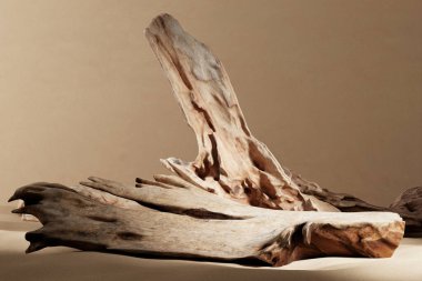 Soyut model sahnesi ürün yerleştirme için ahşap kırdı. Her ögenin yolu kırpılıyor. 3B resimleme.