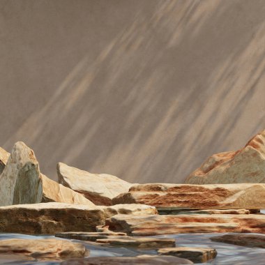 Suyun yüzeyine bir yığın taş serilmiş, ürün sunumu için soyut modelleme sahnesi, her elementin kırpma yolu dahil. 3B resimleme.