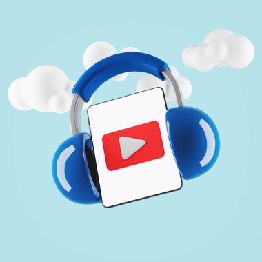 Cep telefonu kulaklıkla müzik dinliyor. Online sistem kullanma kavramı. Her öge için 3rendirme ve kırpma yolu.