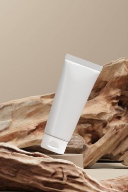Orman kütüğü ve bej sahnesinde kozmetik krem tüp modeli. Kozmetik sunum için soyut bir arkaplan. 3B görüntüleme
