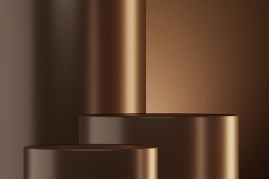 Bunun yerine, iki kat parlak kahverengi paslanmaz çelik eşya yerleştirin. Ürün sunumları için arka plan. 3B illüstrasyon